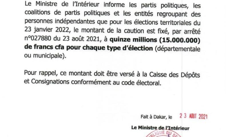 Communiqué du 23 août 2021. La caution pour les élections territoriales fixée à 15.000.000F CFA