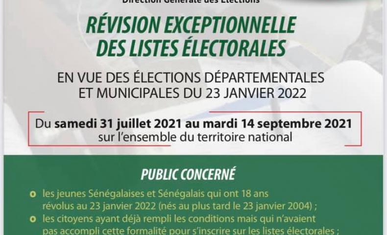 Révision exceptionnelle des listes électorales, du 31 juillet au 14 septembre 2021.